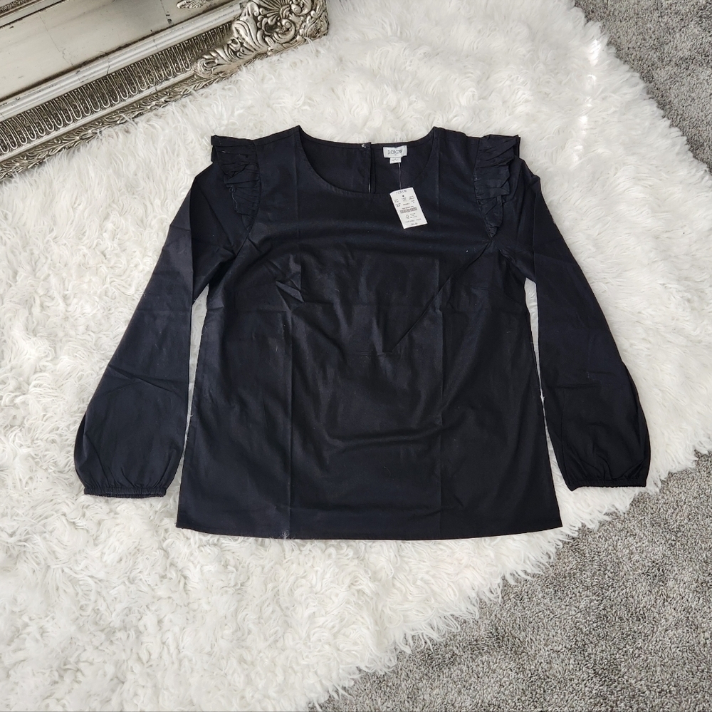 J.Crew Long-sleeve ruffle-shoulder top. Black. Size Small. New.Z